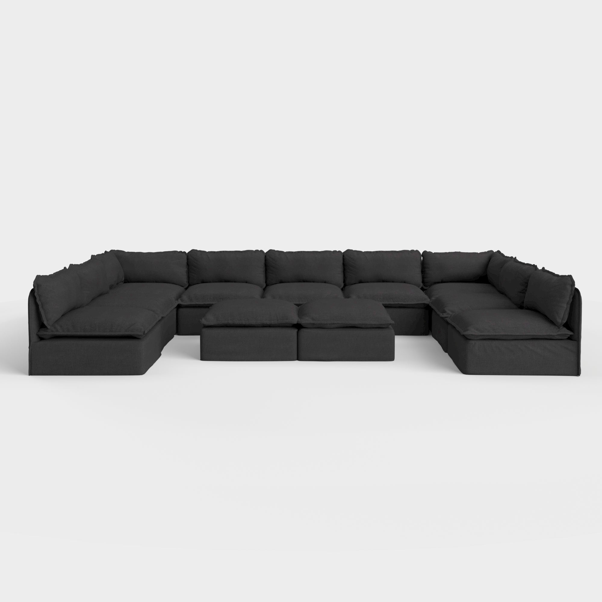 Modular Outdoor Washable 9-Seater Open-Ends U-Sectional  + Bench Ottoman | Classic Canvas in Charcoal