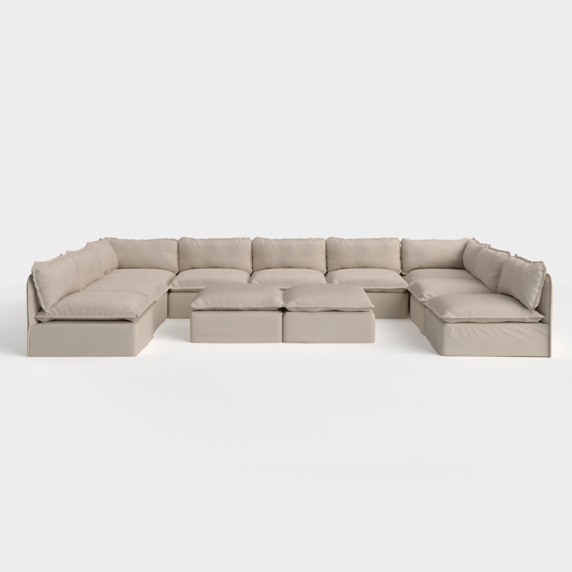 Modular Outdoor Washable 9-Seater Open-Ends U-Sectional  + Bench Ottoman | Classic Canvas in Sand