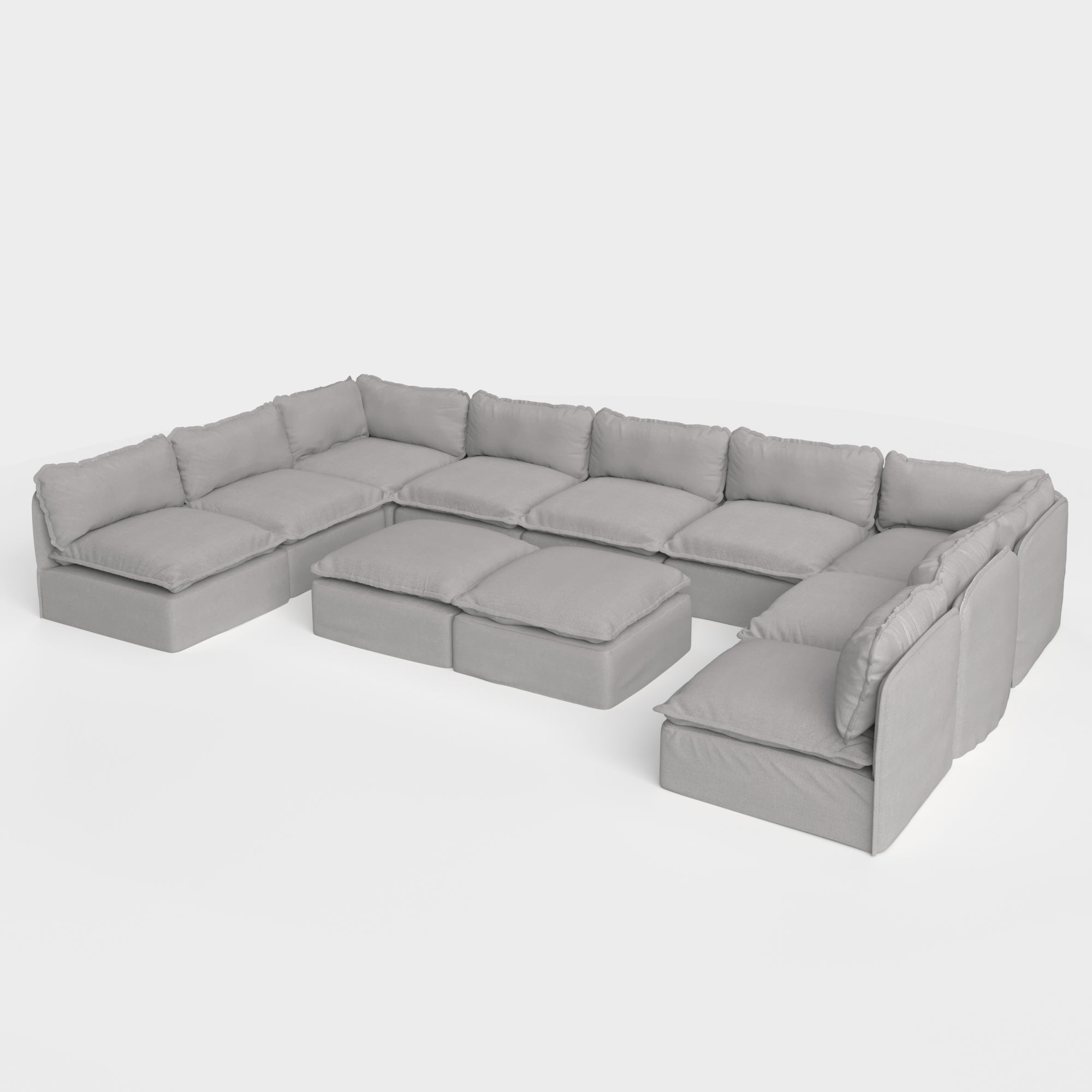 Modular Outdoor Washable 9-Seater Open-Ends U-Sectional + Bench Ottoman | Classic Canvas in Stone Gray