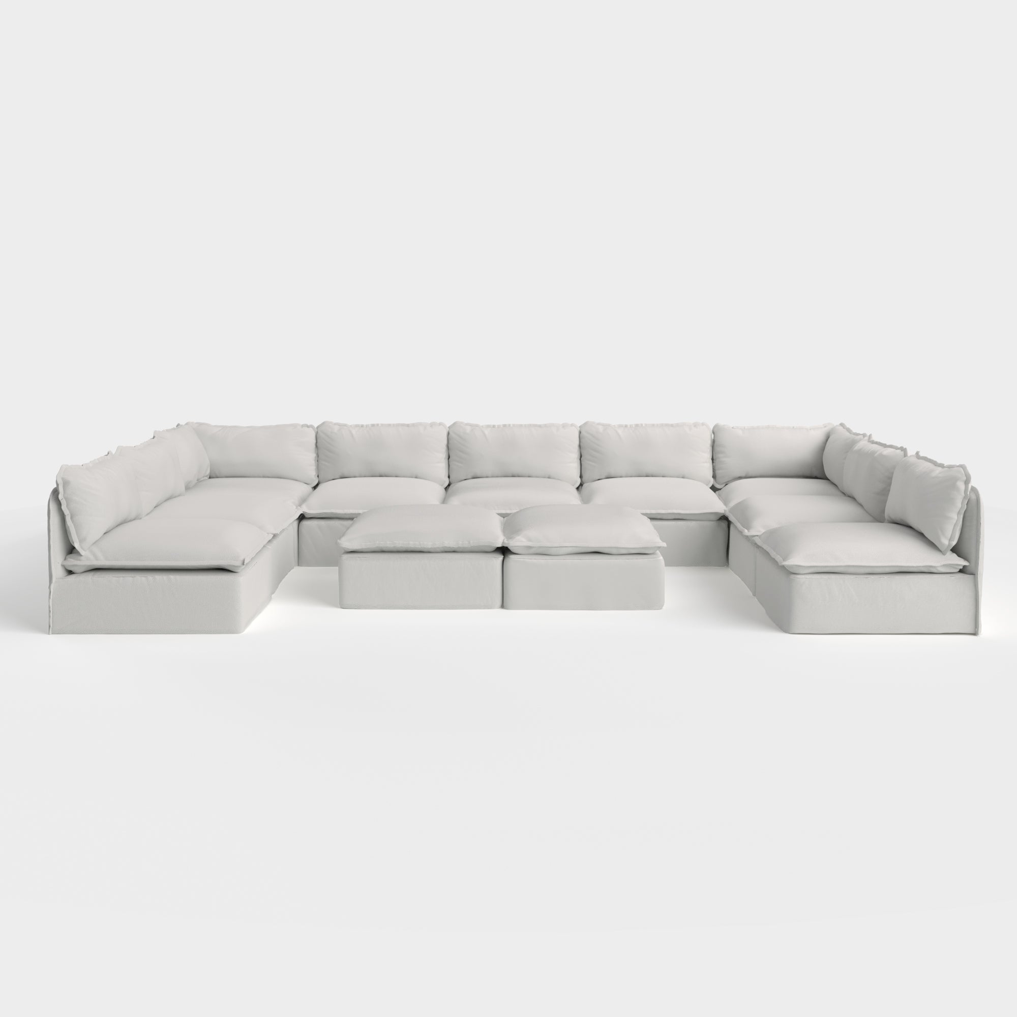 Modular Outdoor Washable 9-Seater Open-Ends U-Sectional  + Bench Ottoman | Nano Slubweave in Mist