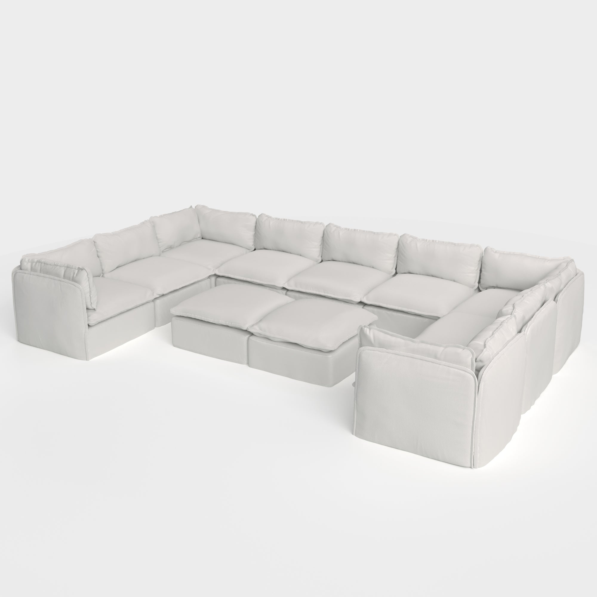 Modular Outdoor Washable 9-Seater U-Sectional + Bench Ottoman | Nano Slubweave in Mist